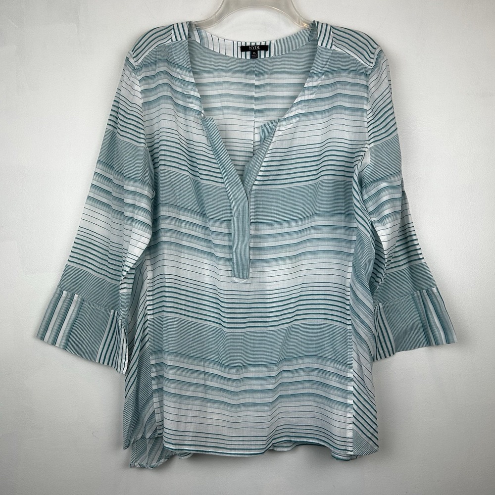 NYDJ Top Womens Extra Large Blouse Blue Striped Coastal Beach Boho Semi Sheer